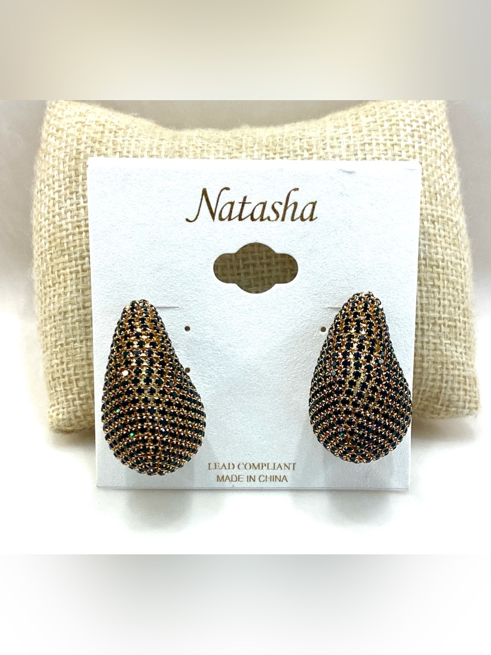 Natasha Gold Tone Black Rhinestone Teardrop Stud Earrings Pavé Crystal Pear
